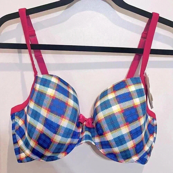 Jasmine & Ginger Underwire Bra Blue Plaid with Pink Lining 36DD / 36E NWT - Picture 1 of 7